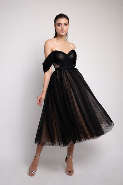 Lenta Moda Γυναικείο βραδινό φόρεμα μίντι μήκους μαύρο πουά
