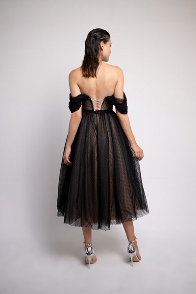 Lenta Moda Γυναικείο βραδινό φόρεμα μίντι μήκους μαύρο πουά