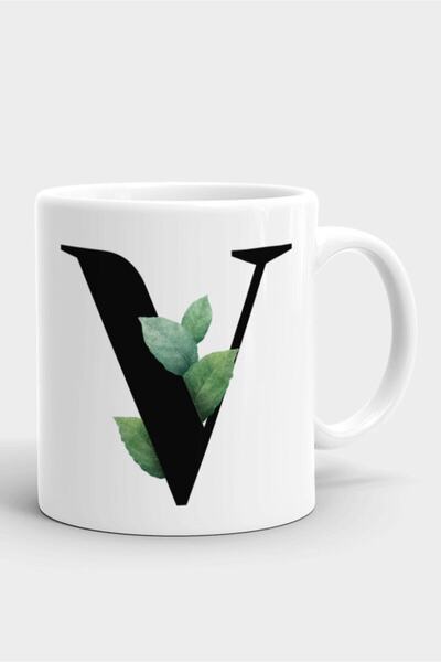 Fotografyabaskı White Porcelain Mug Cup with V Letter, Stylish and Convenient...