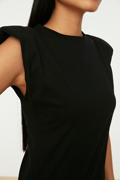 Trendyol Collection Black 100% Cotton Padded Flounced Waist/Skater Crew Neck Mini Knitted Dress TWOSS21EL0182