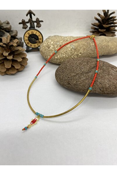 Porsuk Alternatif El Yapımı Etnik Otantik Kırmızı Mineli Balık Kolye