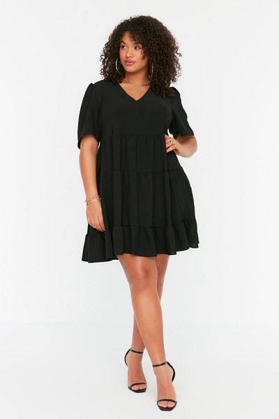 Trendyol Curve Black Woven Flounce Dress TBBSS22EL1597