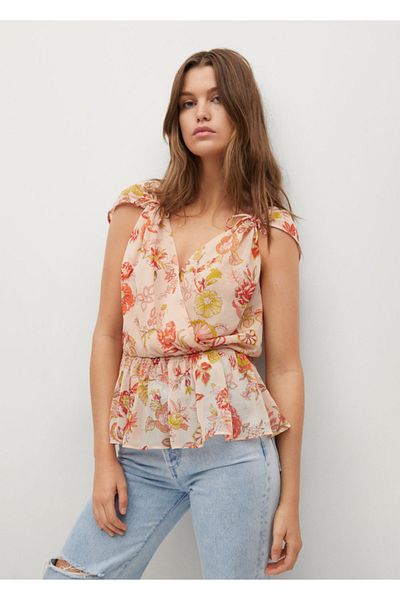 MANGO Woman Γυναικεία μπλούζα σε μπεζ Wrap V-Neck