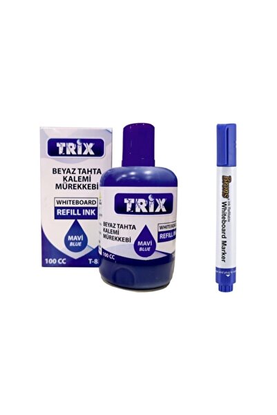 Brons Doldurulabilir Beyaz Yazı Tahtası Kalemi Ve 100 ml Mürekkebi - Mavi tkm