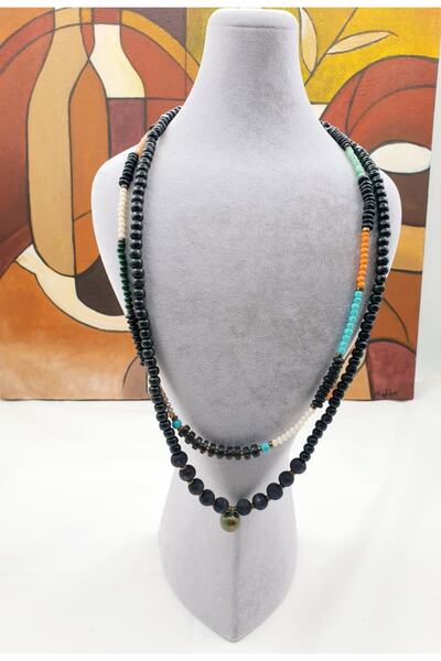 Rubicon قلادة مكونة من صفين بتصميم أنيق (مصنوعة من الخشب العضوي والزجاج والمع...