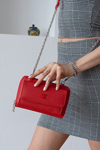 ImPolo Share Red Embossed Print Women's Multi-Purpose Wallet and Shoulder Bag 14X 20 Sizes