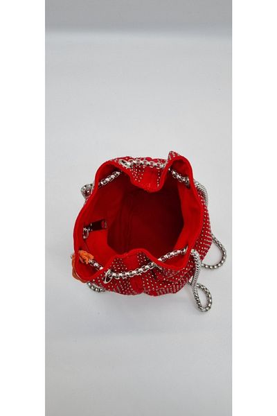 DSN Velvet Textured Red Handbag with Shiny Jewelled Chain Strap