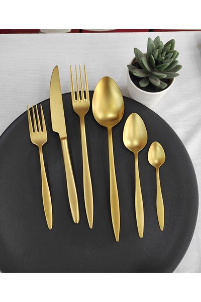 BRONDOFF 84 Piece Carmen Matte Titanium Gold Fork Spoon Knife Set for 12 People