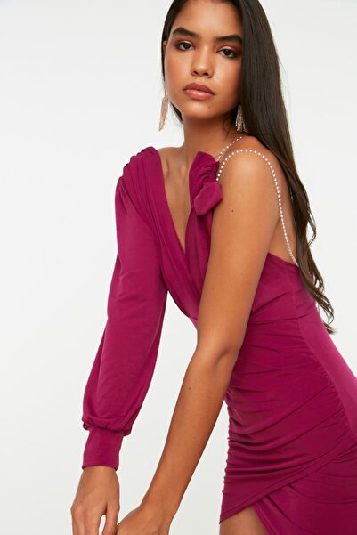 Trendyol Collection Φούξια γυαλιστερή πέτρα πλεκτό κομψό μίνι βραδινό φόρεμα TPRSS22EL0451