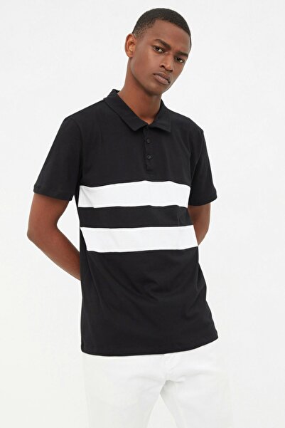 Trendyol Collection Schwarzes Herren-T-Shirt mit Polokragen und Farbblock, regulärer Schnitt, 100 % Baumwolle, TMNSS20PO0164