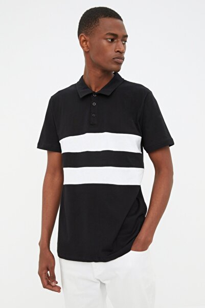 Trendyol Collection Schwarzes Herren-T-Shirt mit Polokragen und Farbblock, regulärer Schnitt, 100 % Baumwolle, TMNSS20PO0164