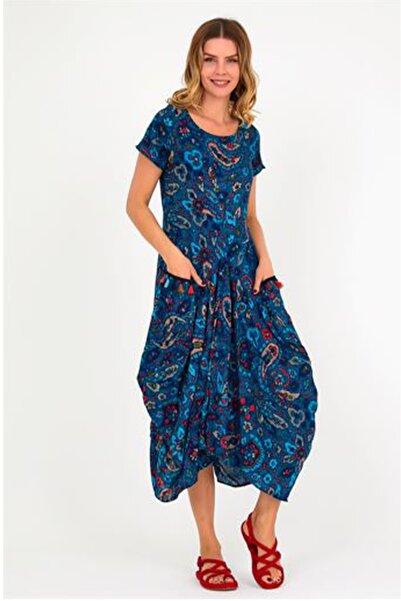 Genel Markalar Kadın Petrol Mavi Bohem Şal Desen Cepleri Püskül Detaylı Dokuma Etnik Otantik Elbise