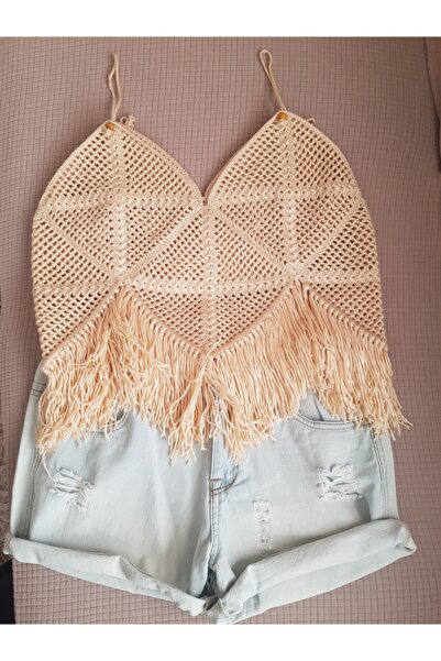 SOUL BY A&B El Örgüsü Bluz Askılıel Örgüsı Bluz Bej Rengi Bluz Crop Top Bluz