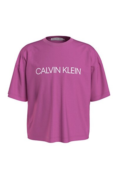 Calvin Klein Bisiklet Yaka Normal Kalıp Düz Mor Kız Çocuk T-shir