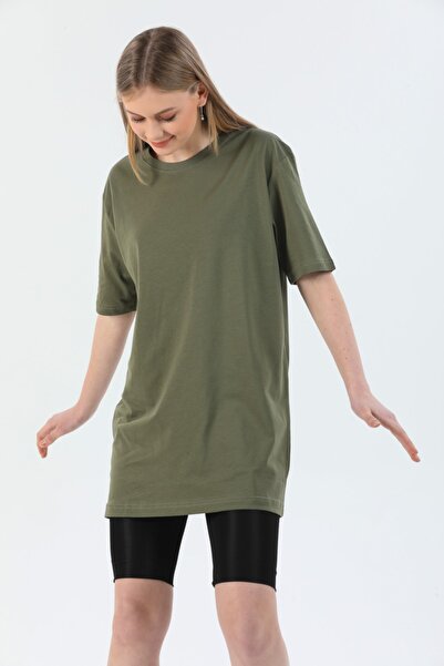 citadium Kadın Haki Yeşil Bisiklet Yaka Kısa Kollu Basic T-shirt %100 Pamuk