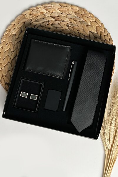 HighClass Lüks Kutulu Kravat Kol Düğmesi Vegan Deri Cüzdan Çakmak Lüks Mat Si...