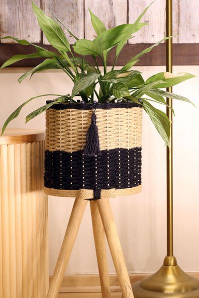 Monchi 46cm Navy Blue Jute Braided Wicker Basket - Wooden Flower Pot
