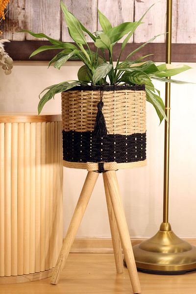 Monchi 36cm Wide Black Jute Braided Wicker Basket - Wooden Flower Pot