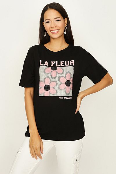 Select Moda Women's Black Stone Printed Basic T-shirt