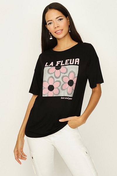 Select Moda Women's Black Stone Printed Basic T-shirt
