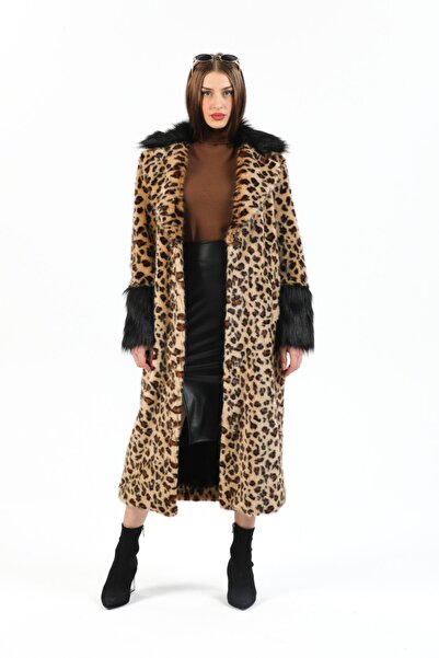 Genel Markalar Suni Kürk Leopar Desenli Kadın Kaban