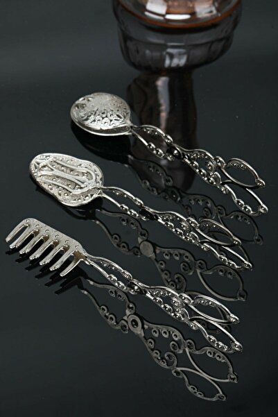 Egk Çarşı Silver Service Salad Cake Pasta 3 Piece Tongs Set