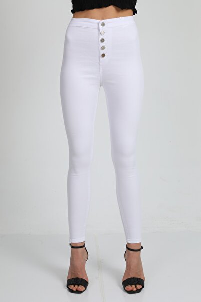 BİKELİFE Women's White High Waist Slim Leg Buttoned Leggings Trousers