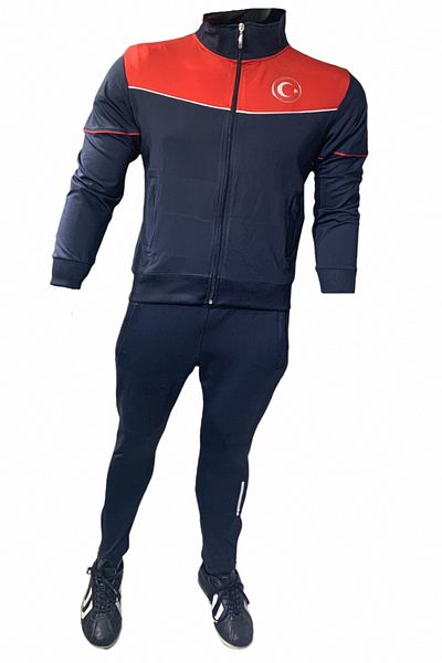 Fs Men's Navy Blue Türkiye Flag Logo Printed Casual Fitness Sports Running Diving Suit Tracksuit Set