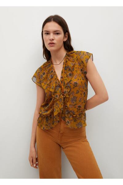 MANGO Woman Kadın Sarı Desenli Ve Fırfırlı Bluz