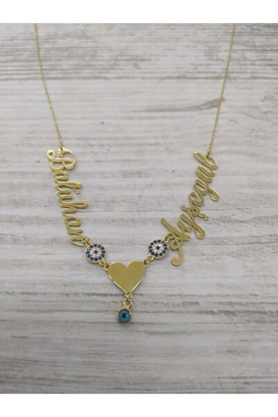 Naz Gümüş Iki Isimli Kalpli Kolye 925 Ayar Gümüş