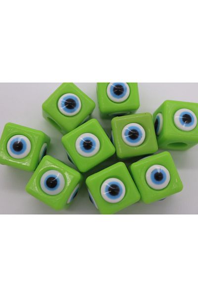 Hobimos Cube Plastic Evil Eye Bead 16x16mm Green Evil Eye Bead 10 Pieces