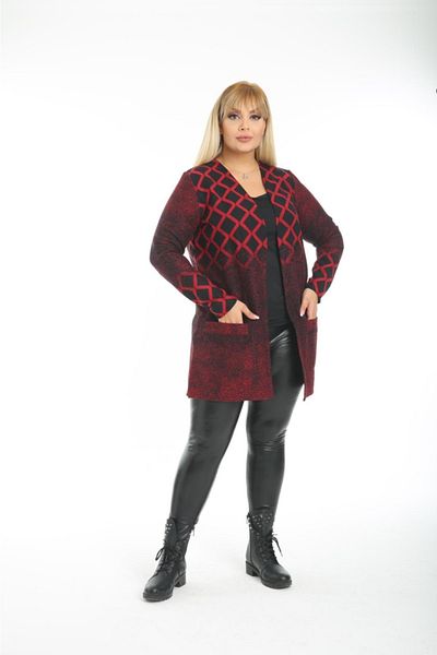 ElisaOtantik Women's Pocket Detailed Short Jacquard Diamond Pattern Burgundy Cardigan