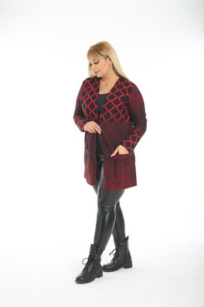 ElisaOtantik Women's Pocket Detailed Short Jacquard Diamond Pattern Burgundy Cardigan