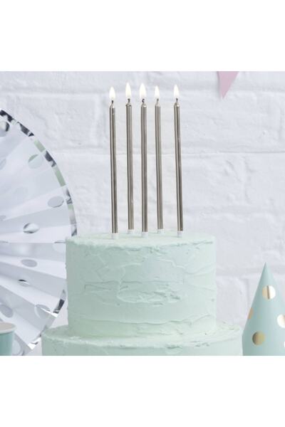 Huzur Party Store 14 Cm Gümüş Varaklı Mum 6'lı Gri Silver Ince Uzun Doğum Günü Parti Süsü Pasta Yaş Mumu Ve Altlığı