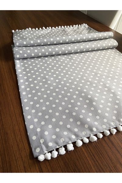 Zeren Home Liquid Proof Γκρι Λευκό Πουά Runner με Pompom 40x160
