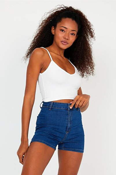 The Base Women's Ecru Scuba Fabric Front Back V-Neck Rope Strap Crop Top