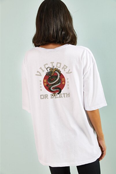 FUWEAR Λευκό μπλουζάκι Unisex με σχέδιο Cotton Victory Dragon