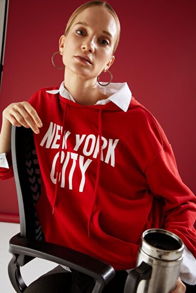 DeFacto Slogan Baskılı Kapüşonlu Relax Fit Içi Yumuşak Tüylü Sweatshirt