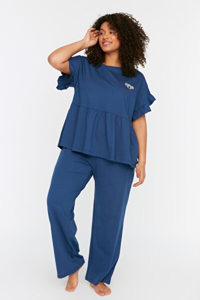 Trendyol Curve Plus Size Pajama Set - Navy blue - Plain
