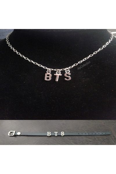 AlpCollection Gray Bts Army Letter Necklace and Leather Bracelet Set of Two Jewelry