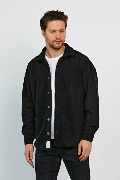 LEYEL Moda Erkek Siyah Oversize Yeni Tarz Polar Gömlek