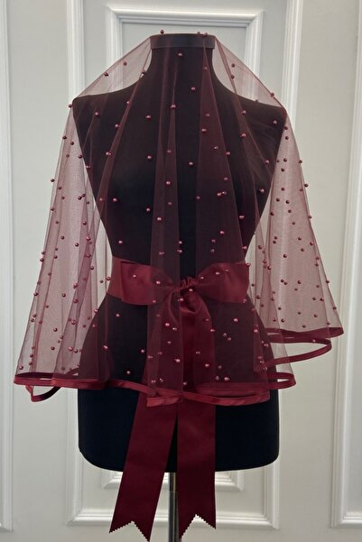 ZEYMERADE Bordo Biyeli Bol İncili Gelin Duvak Seti