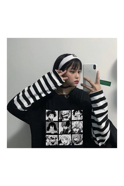 Touz Anime Gothic My Hero Academia Boku Collage Oversize Unisex Black Long Sleeve T-shirt