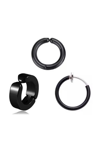 Jaida Moda Unisex Black 3 Pieces Set Non-Perforated Compression Steel Hoop Earrings
