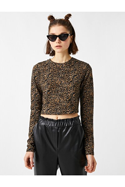 Koton Dámské černé tričko s dlouhým rukávem se zvířecím potiskem