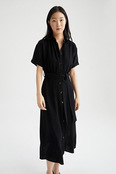 DeFacto Πουκάμισο γιακά λινό look Καλοκαιρινό μίντι φόρεμα