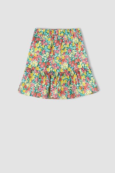 DeFacto Girl's Flexible Waist Flounced Floral Patterned Cotton Woven Skirt