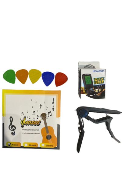 Şenses Music (4 Pieces) Set Classic Guitar Set String + Metal Capo + Tuner + 5 Pieces Plectrums