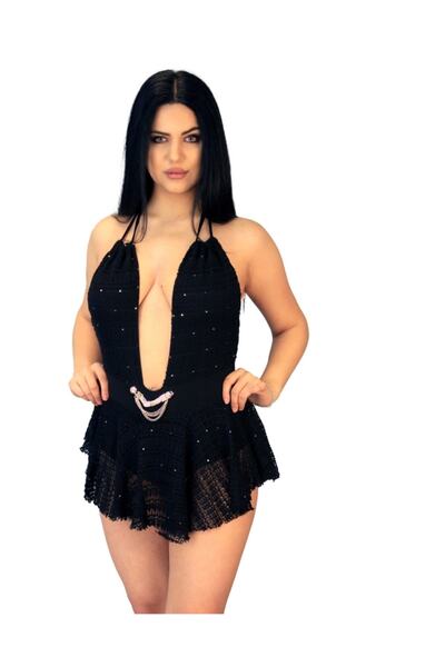 KAYAHAN COLLECTION Dantel Beli Aksesuarlı Şort Etekli Mayo Kadın Mini Elbise