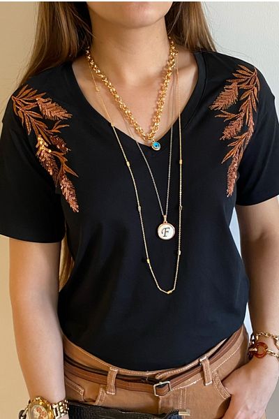 FEMELLE Tricou negru pentru femei, cu decolteu în V, cu paiete, broderie cu frunze de paiete, 100% bumbac